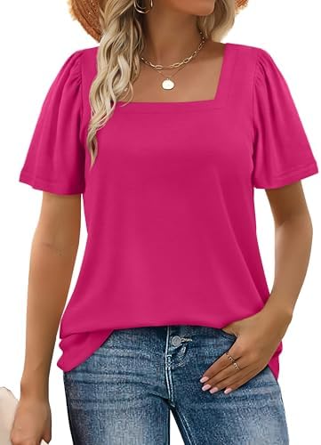 Bright deep pink knit with a defined square neckline and neat puff sleeves brings vivid color to warm summer afternoons.