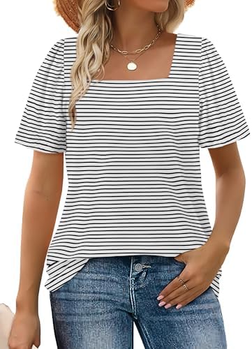 Crisp black and white stripes sharpen this square neck tee, cut with gentle puff sleeves and plenty of easy stretch.