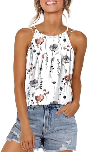 A soft floral print across cool light grey softens this easy halter tank cut with a front pleat and curved hem.