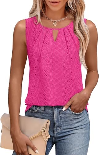 A vivid hot pink knit with a small front keyhole cut and gentle pleats brings sunny color to this breezy, loose sleeveless top.