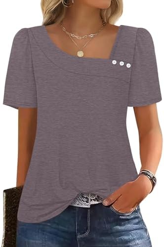 Grey purple knit brings a muted, heathered tone to this square neck top with decorative button trim and gentle puff sleeves.