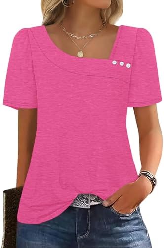 A vivid hot pink knit top cut with a framed square neckline and small decorative front buttons.