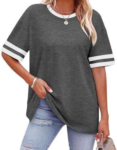 Contrasting striped cuffs sharpen the half sleeves on this deep grey loose tee knit with a soft drape.