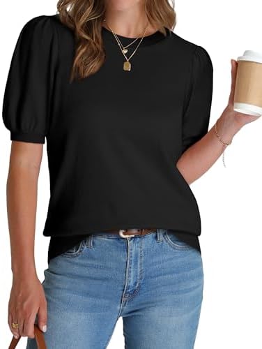 Soft gathered sleeves and a neat ribbed hem bring clean structure to this lightweight black knit top.