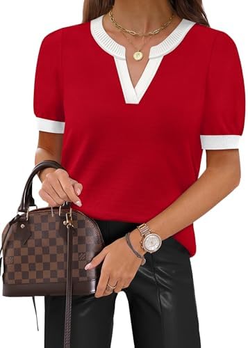 Crisp red and white color blocking brings a tailored look to this breathable short-sleeve knit sweater.