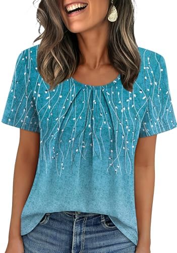 Fine blue stripes run across this pleated front top, giving our loose scoop neck tee a classic coastal look for warm days.