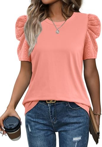 A vivid coral knit top cut with rounded volume through the puff sleeves and a classic crew neck for warm sunshine.