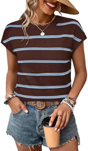 Knitted blue and brown stripes give this airy scoop neck top a grounded palette that pairs easily with tan trousers.