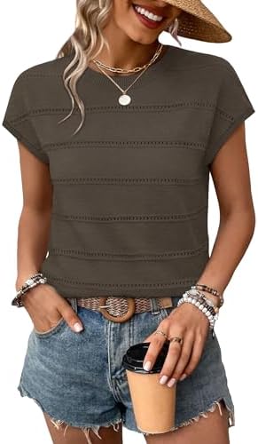 Open knit stripes give this rich chocolate brown cap-sleeve sweater an airy feel that carries cleanly through warm afternoons.