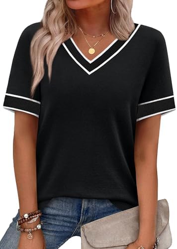 Crisp contrast panels bring clean definition to this lightweight black knit sweater finished with a classic open V-neckline.