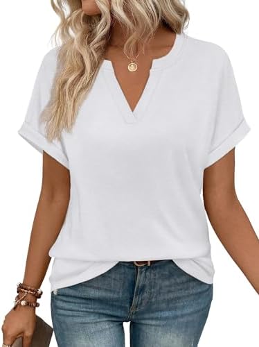 A crisp white V-neck tunic cut with rolled cuffs and a relaxed hem that pairs cleanly with denim, shorts, or joggers.