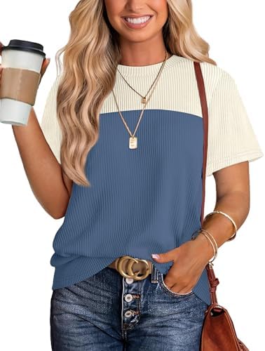 Crisp navy blue and warm beige stripes give this soft knit tee a grounded nautical look for sunny mornings and travel days.