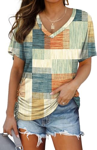 Warm orange meets dusty blue in a woven-look knit pattern, cut loose through the body with gathered side seams.