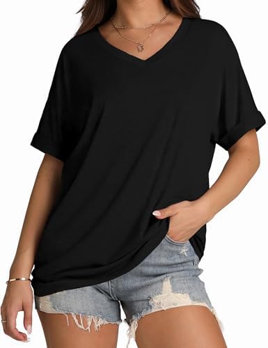 A solid black summer tee in our softest stretch knit, cut loose through the body with a neat V-neck and rolled cuffs.