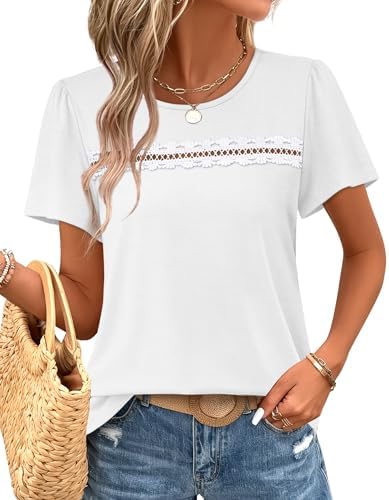 Delicate lace detailing and gathered puff sleeves bring a soft texture to this bright white crewneck summer top.
