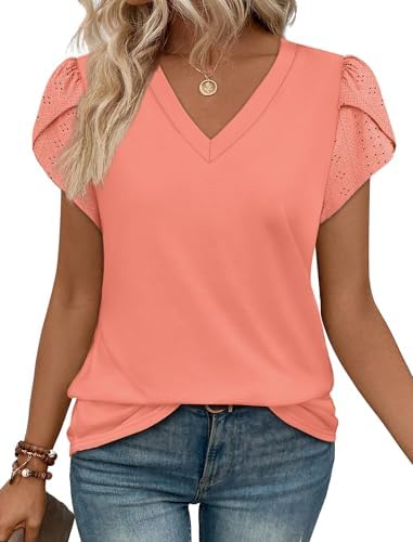 Layered petal sleeves with lace trim frame a neat V-neck in this soft, stretchy knit top dyed a bright summer coral.