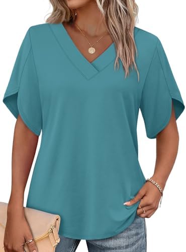 Split petal sleeves give this breezy lakeblue top an airy feel that pairs neatly with white denim or relaxed shorts.