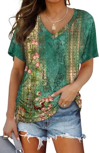 A soft knit summer top patterned in fresh green florals, finished with a classic V-neckline and gathered side ruching.