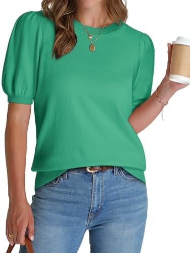 A cool lake green fine-knit sweater with subtle puff sleeves and a ribbed waistband for warm weekdays or office wear.