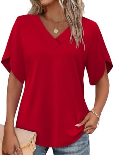 A bright red summer blouse cut with split petal sleeves and an easy V-neckline for warm days and dinner out.