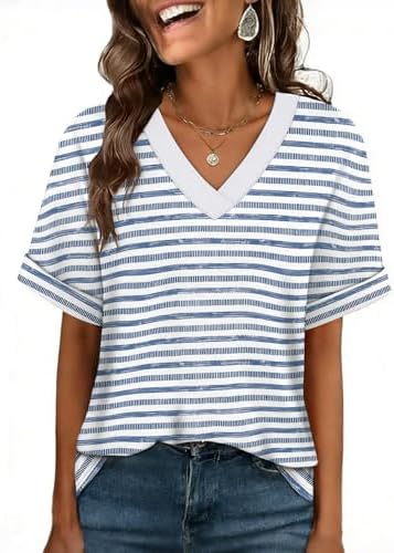 A breezy V-neck tee cut with rolled short sleeves and a roomy hip-length hem in fresh blue and white stripes.