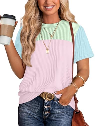 Banded pink and blue stripes bring a bright, cheerful contrast to this soft elastic knit summer tee.