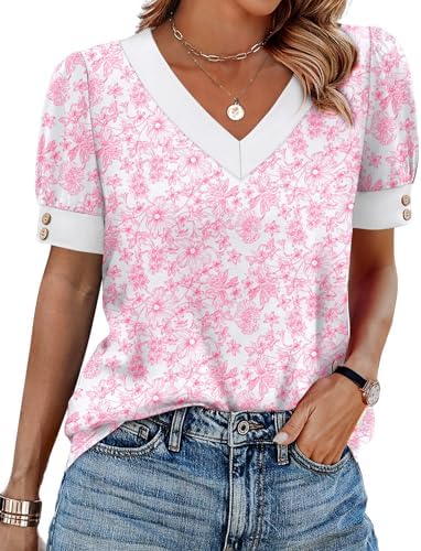 Soft pink botanical print gathers into roomy puff sleeves with a buttoned V-neck for warm resort afternoons.