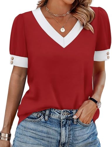 Gentle color blocking and neat puff sleeves give this soft red V-neck blouse a breezy feel for warm sunny days.
