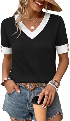A lightweight fine-gauge knit tee with a neat V-neck and short sleeves, ready for warm days or office layering.