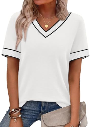 A crisp white short-sleeve sweater knit from a lightweight viscose blend with an open V-neckline and clean ribbed edges.