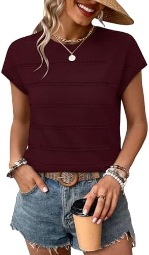 A deep burgundy knit with delicate eyelet stripes gives this short sleeve top an easy, polished texture for warm afternoons.