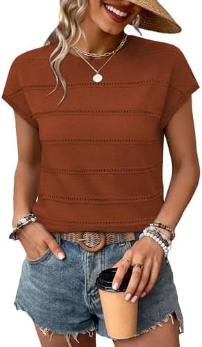 Lightweight caramel knit with open eyelet stripes, cut with cap sleeves and a gentle scoop neck for warm days and layered workweeks.