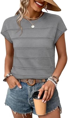 Spun with breezy eyelet stripes, this soft gray knit sweater transitions smoothly between warm afternoons and cool conference rooms.