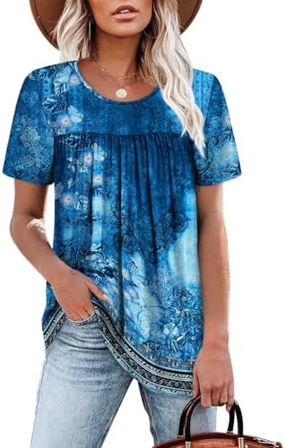 Crisp blue patterning brings a fresh look to this short sleeve top, shaped with gentle front ruffles for an easy swing.