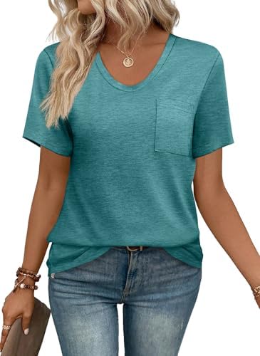 A soft aqua tee cut with a wide scoop neck and an open chest pocket for warm mornings.