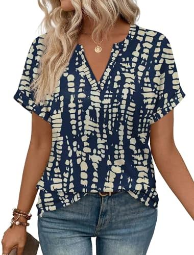 A deep blue forest print pairs with a relaxed v-neck cut and rolled sleeves for easy summer layering across sizes S to 3XL.