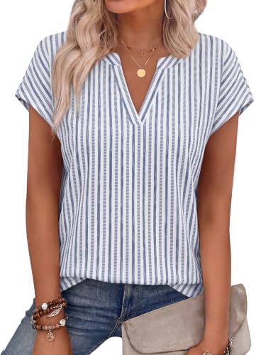 Muted grey and cool blue stripes give this notched v-neck tee a clean look that pairs easily with white linen pants.