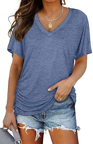 A cool light blue v-neck tee cut with breezy dolman sleeves and gathered side shirring for warm days.