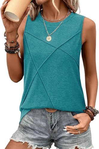 Front line textures and a deep blue green shade bring subtle interest to this airy, longer-cut summer tank top.
