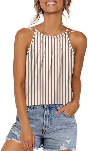 Earthy brown stripes run across this breezy halter tank, finished with a gentle front pleat and curved hem.