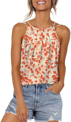 Sunlit orange floral blooms across this halter-style tank, finished with soft front pleats and an airy curved hem.