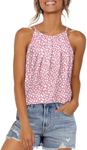 Small white dots across a soft pink base give this pleated halter tank an airy look for warm sunny days.