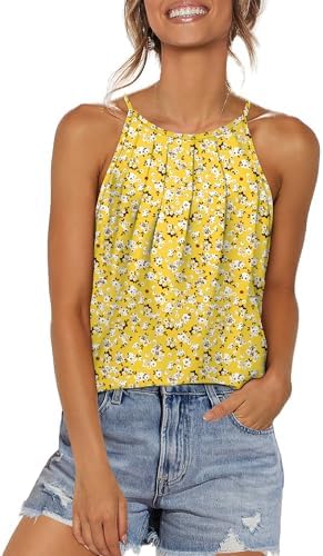 A sunny yellow floral print enlivens this halter tank cut with front pleating and a relaxed curved hem.