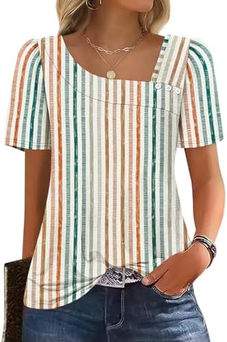 Bright orange stripes and gathered puff sleeves give this square-neck summer top a sun-ready look with plenty of stretch.