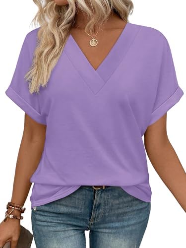 Soft light purple knit shapes this relaxed v-neck tee, finished with neat rolled cuffs for everyday wear.