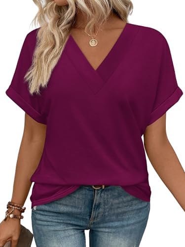 Dyed in a rich purple, this soft jersey tee pairs an open v-neck with neat rolled cuffs for easy warm-weather dressing.