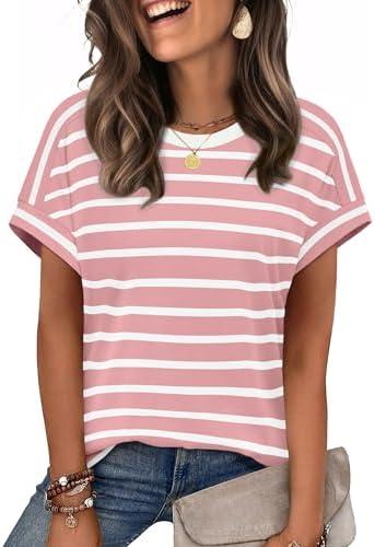 Fine pink stripes give this cap sleeve summer crewneck a cheerful morning feel with soft, stretchy fabric.