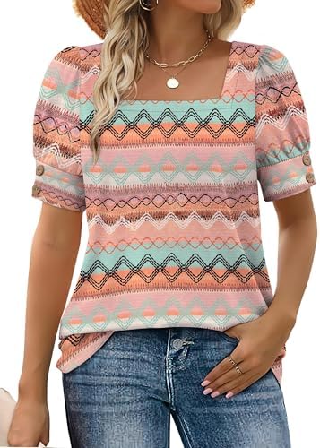 Boho stripes lend earthy rhythm to this square-neck summer top, detailed with buttoned puff sleeves.