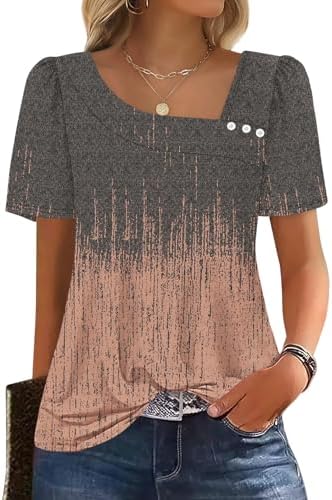 A square neck accented with neat buttons gives this printed short-sleeve top a structured look for warm mornings.