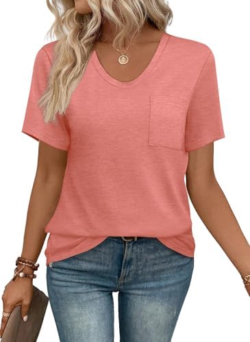 Bright coral jersey brings warm color to an easy short sleeve top with a functional chest pocket.